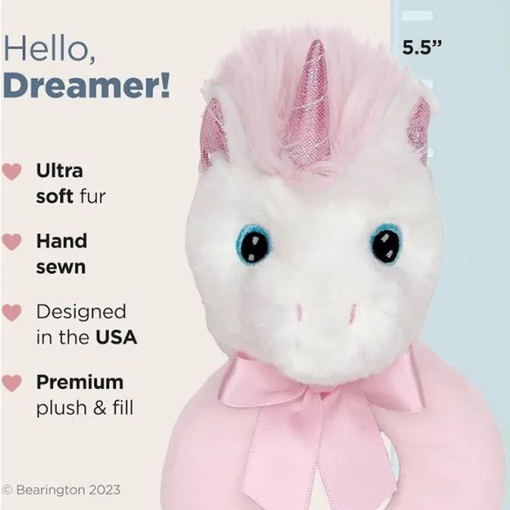 5.5” Baby Rattle Unicorn Plush Toy (pink & white) - Bearington Baby Collection - Picture 5 of 6